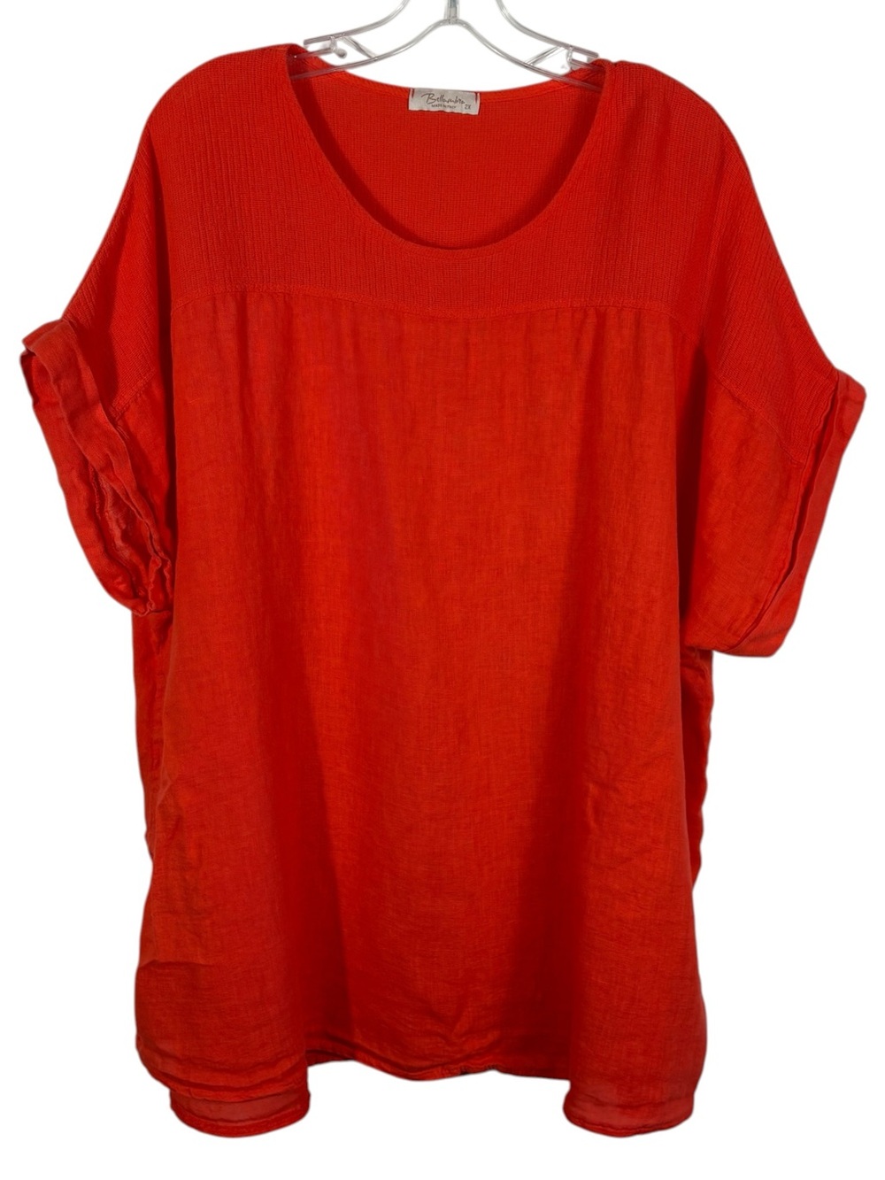 Bellambia 100% Linen Made in Italy Bright Orange Rolled Sleeve Relaxed Fit Top